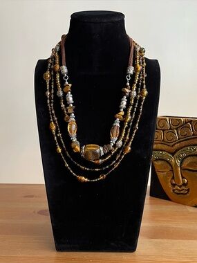 Tiger eye stone and glass beads multi strand necklace set of two women's jewelry
